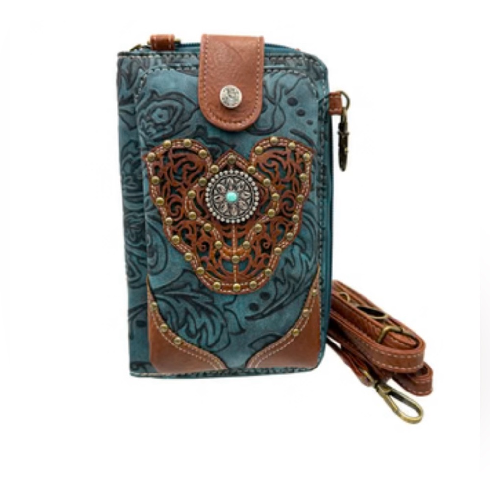 Women Western Floral Damask Medallion Crossbody Phone Wallet